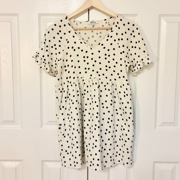 Madewell Dresses & Skirts - Madewell Ruffle Short-Sleeve Ivory Black Mini Babydoll Dress in Dot Toss Medium